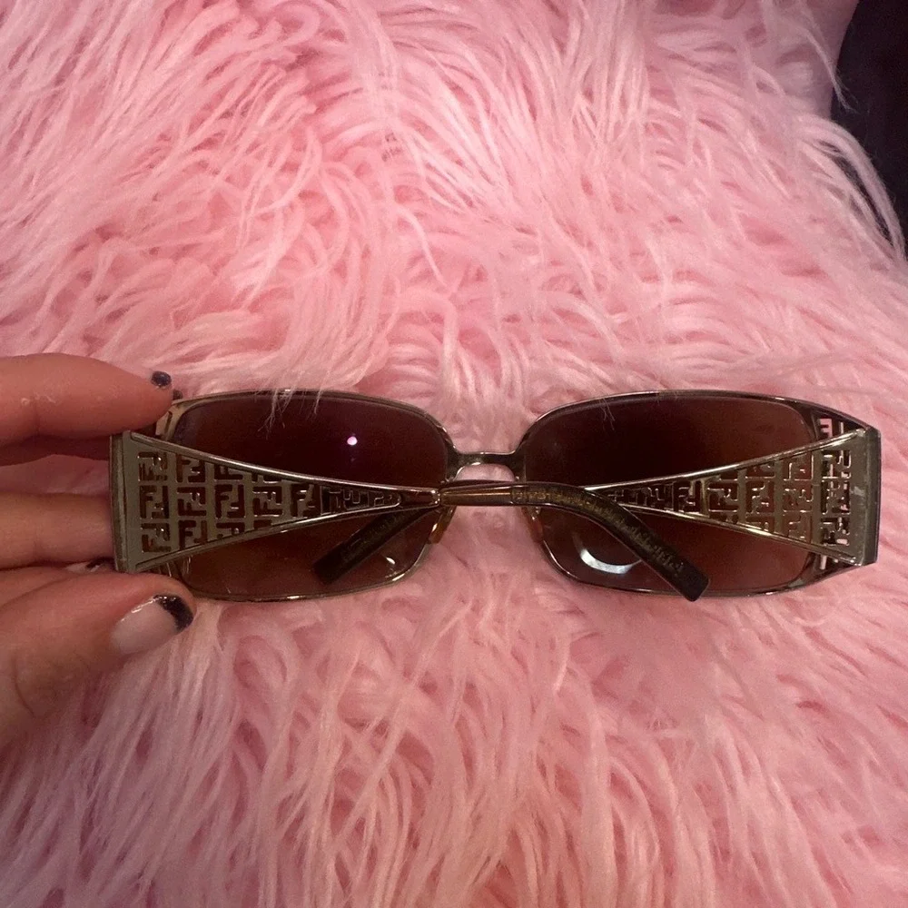 Y2K‎ Vintage Fendi Sunglasses Gold Zucca Monogram Brown Gradient Lens Italy Case